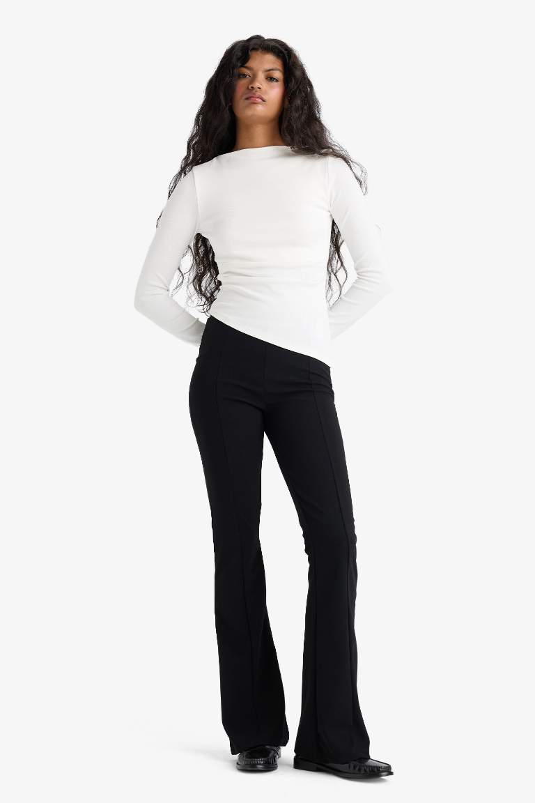 Flare Fit Yüksek Bel İspanyol Paça Uzun Krep Pantolon