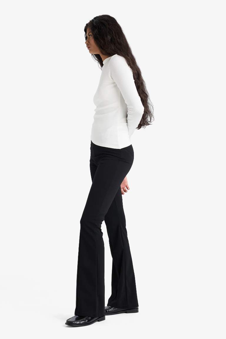 Flare Fit Yüksek Bel İspanyol Paça Uzun Krep Pantolon