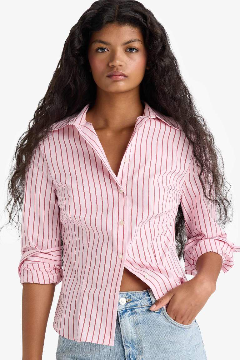 Slim Fit Shirt Collar Poplin Striped Long Sleeve Shirt