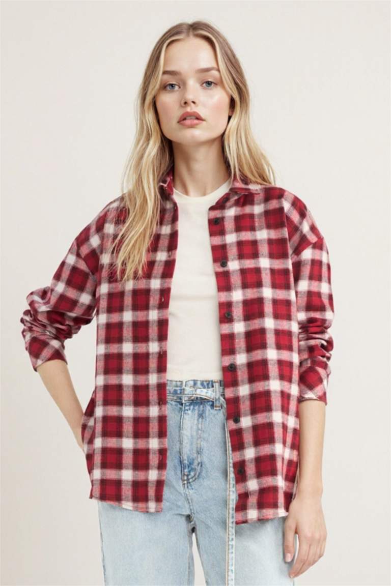 Oversize Geniş Kalıp Kareli Uzun Kollu Gömlek