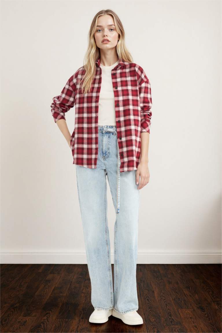 Oversize Geniş Kalıp Kareli Uzun Kollu Gömlek