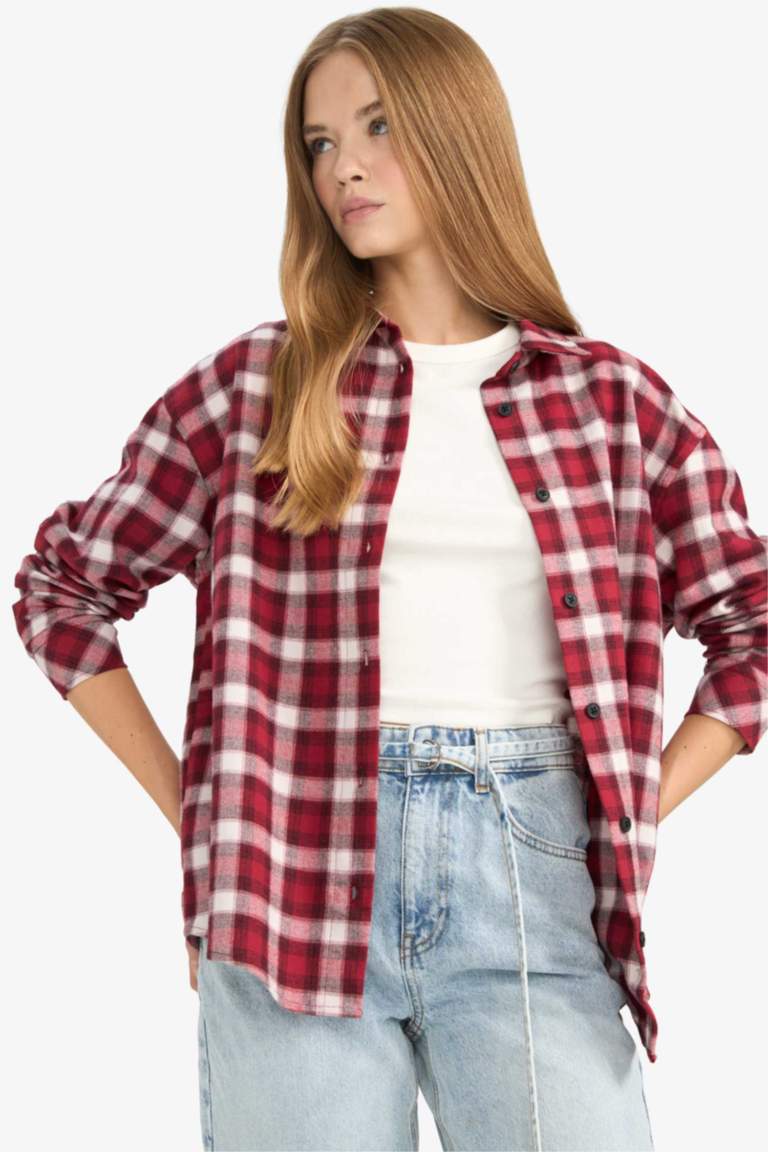 Oversize Geniş Kalıp Kareli Uzun Kollu Gömlek