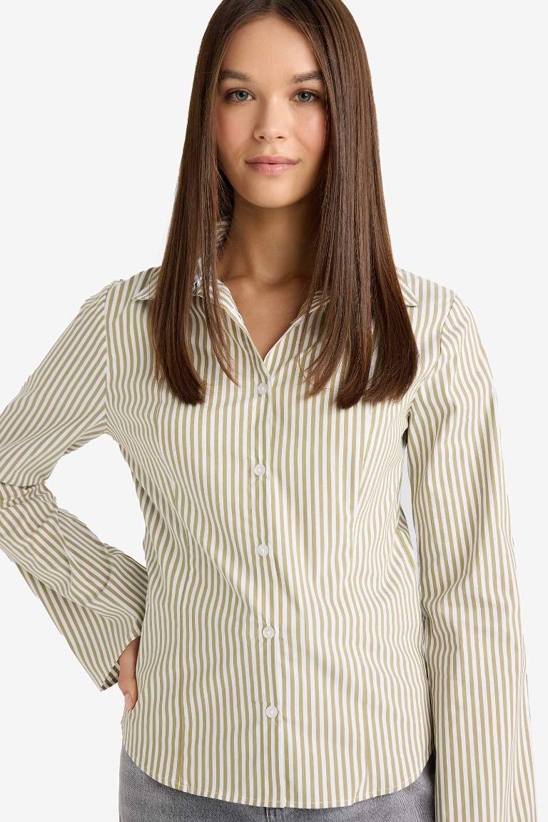 Fitted Çizgili Poplin Uzun Kollu Gömlek