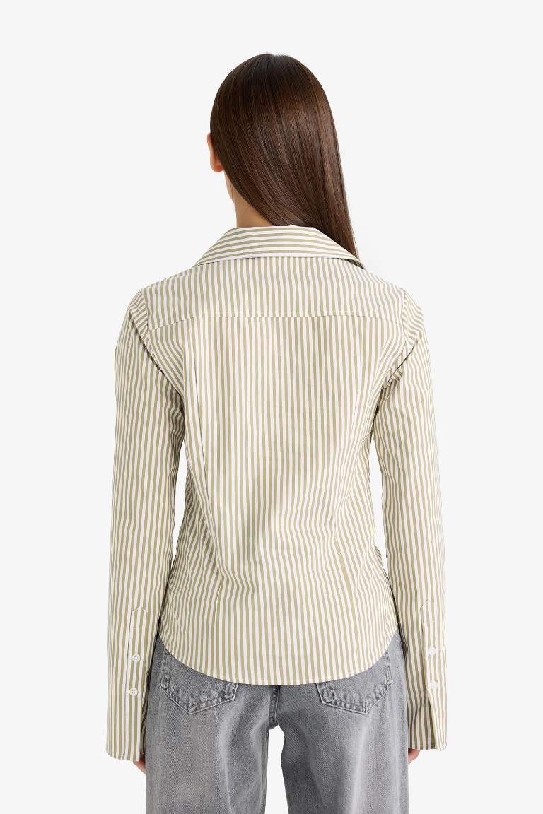 Fitted Çizgili Poplin Uzun Kollu Gömlek