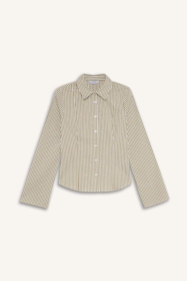 Fitted Çizgili Poplin Uzun Kollu Gömlek