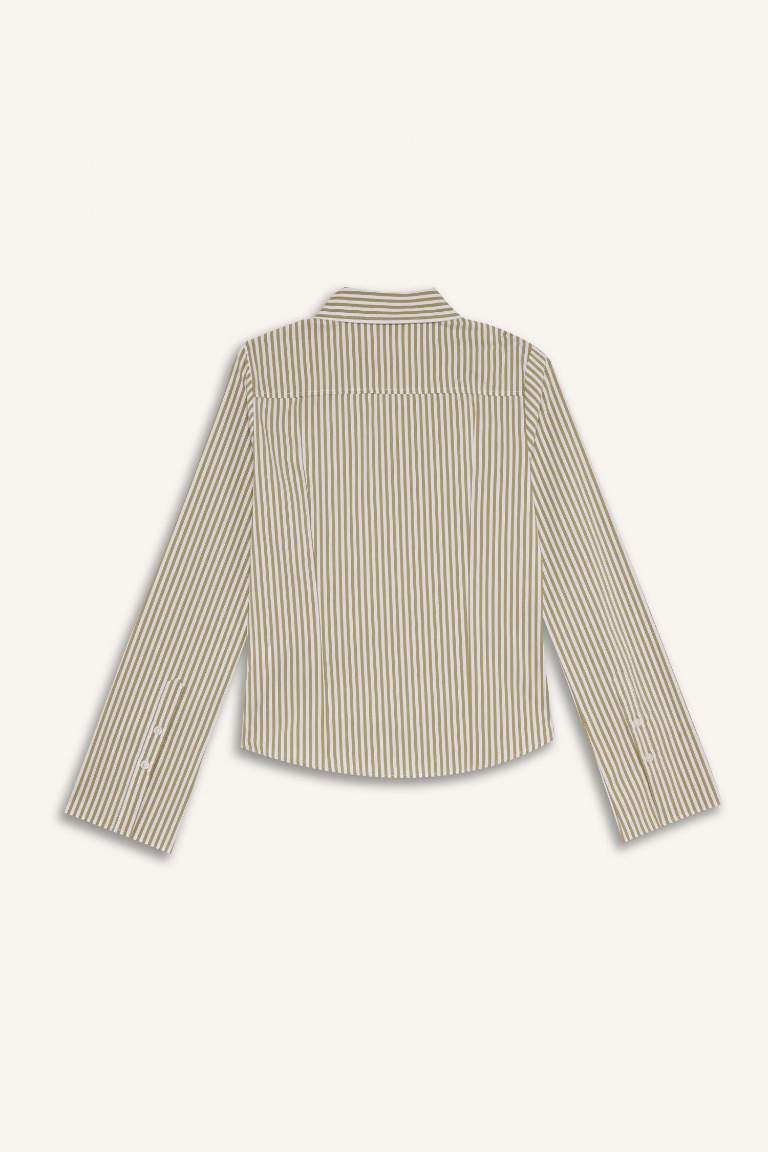 Fitted Çizgili Poplin Uzun Kollu Gömlek