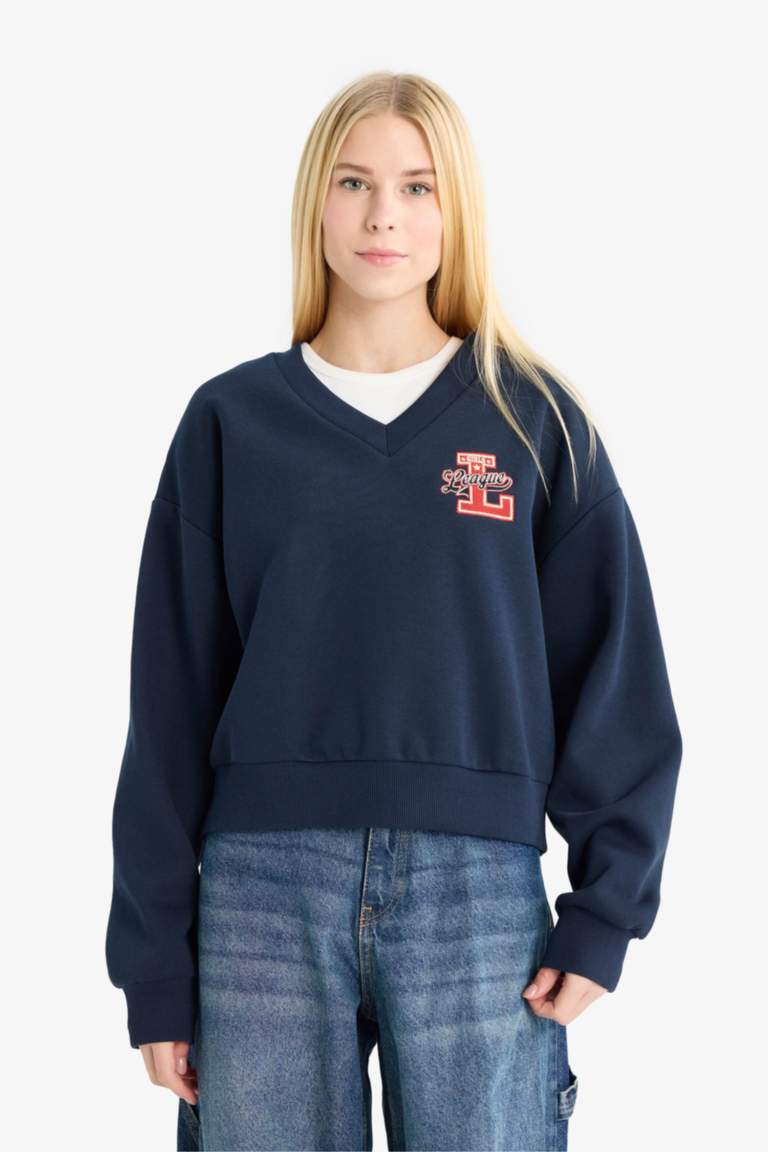 Coool Loose Fit V Yaka Baskılı Sweatshirt