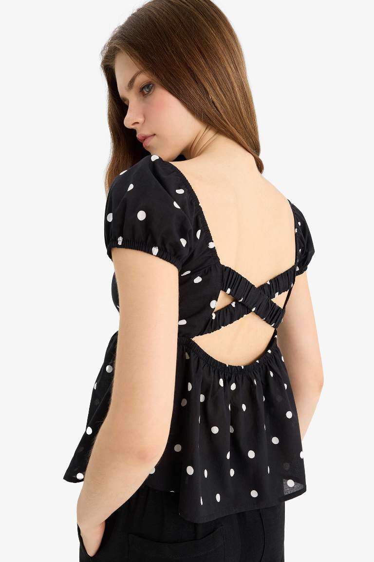 Regular Fit Heart Collar Polka Dot Short Sleeve Blouse