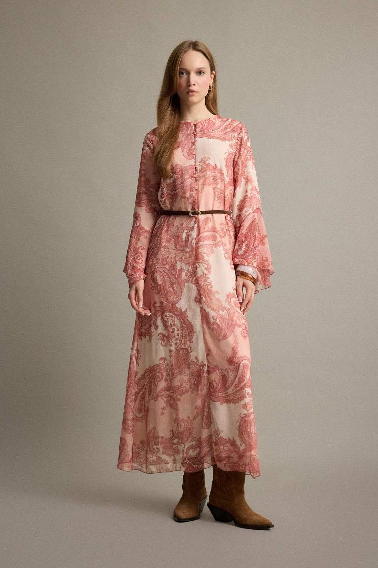 Curly Neck Paisley Belted Chiffon Maxi Dress