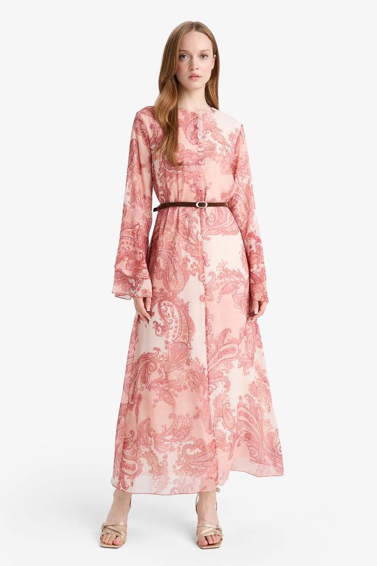 Curly Neck Paisley Belted Chiffon Maxi Dress