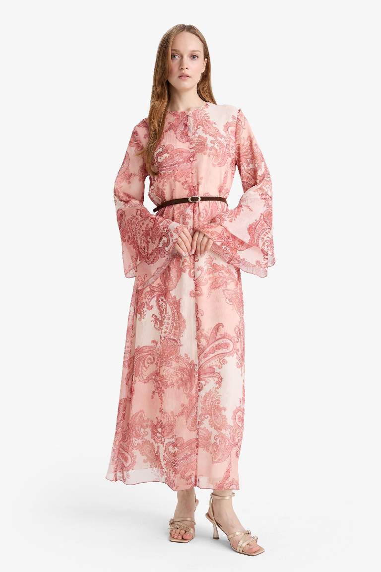 Curly Neck Paisley Belted Chiffon Maxi Dress