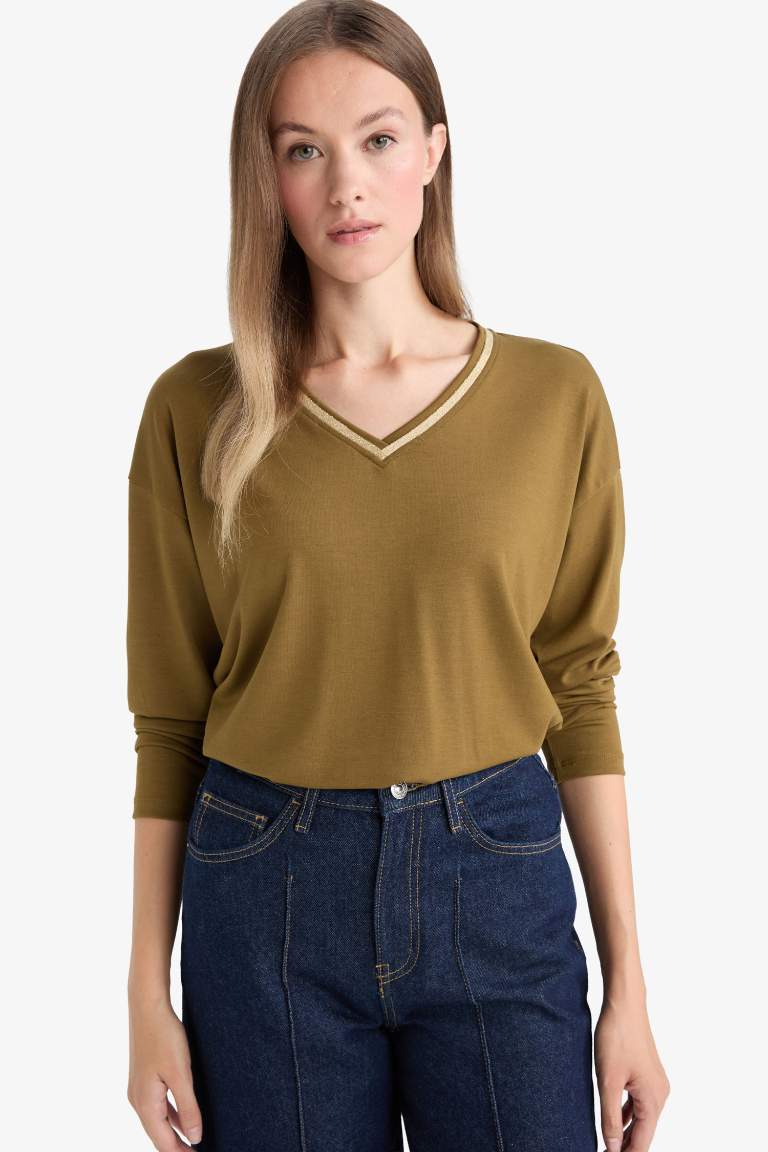 Regular Fit V Neck Long Sleeve T-Shirt