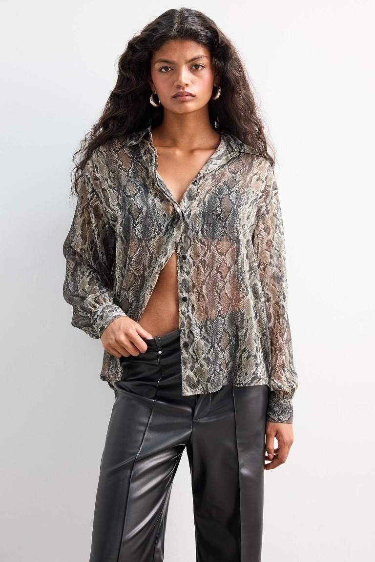 Regular Fit Shirt Collar Chiffon Animal Long Sleeve Shirt