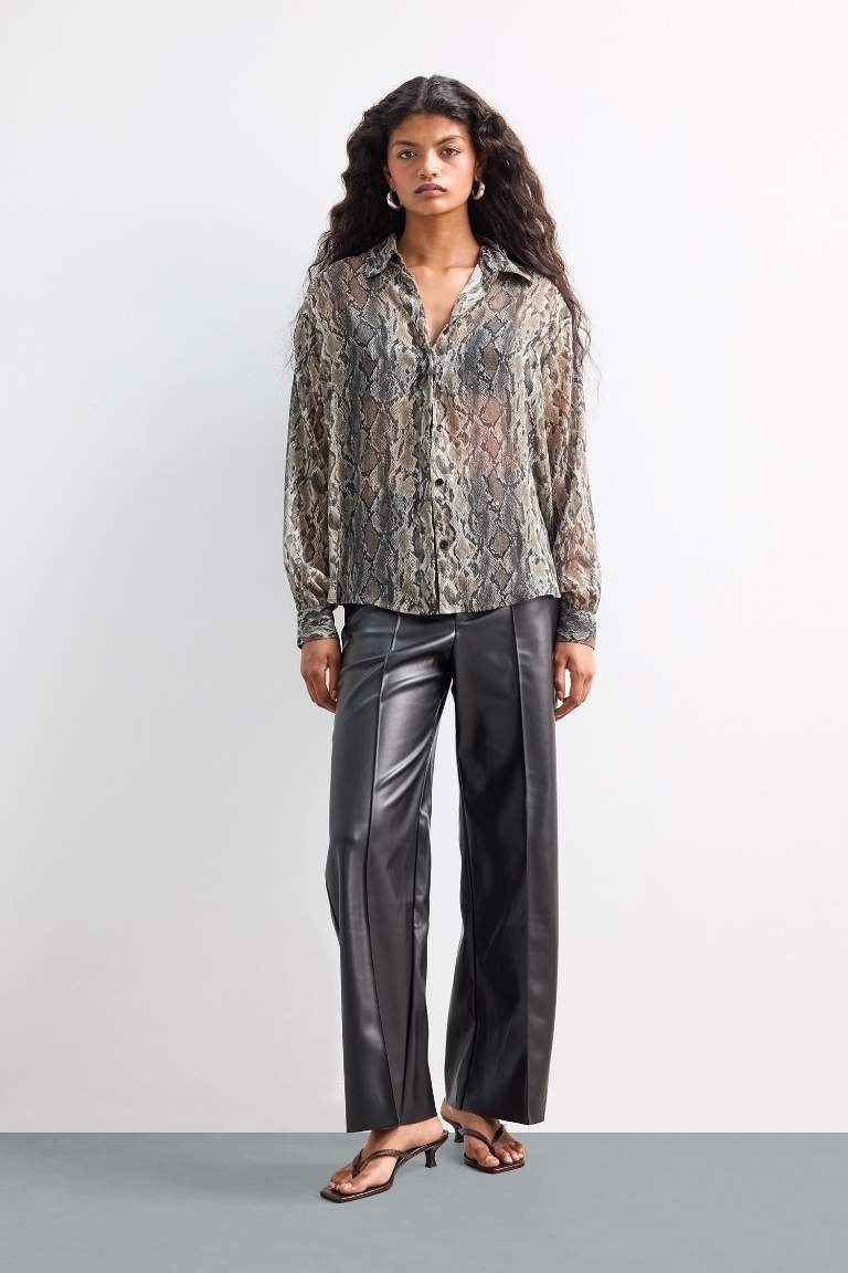 Regular Fit Shirt Collar Chiffon Animal Long Sleeve Shirt