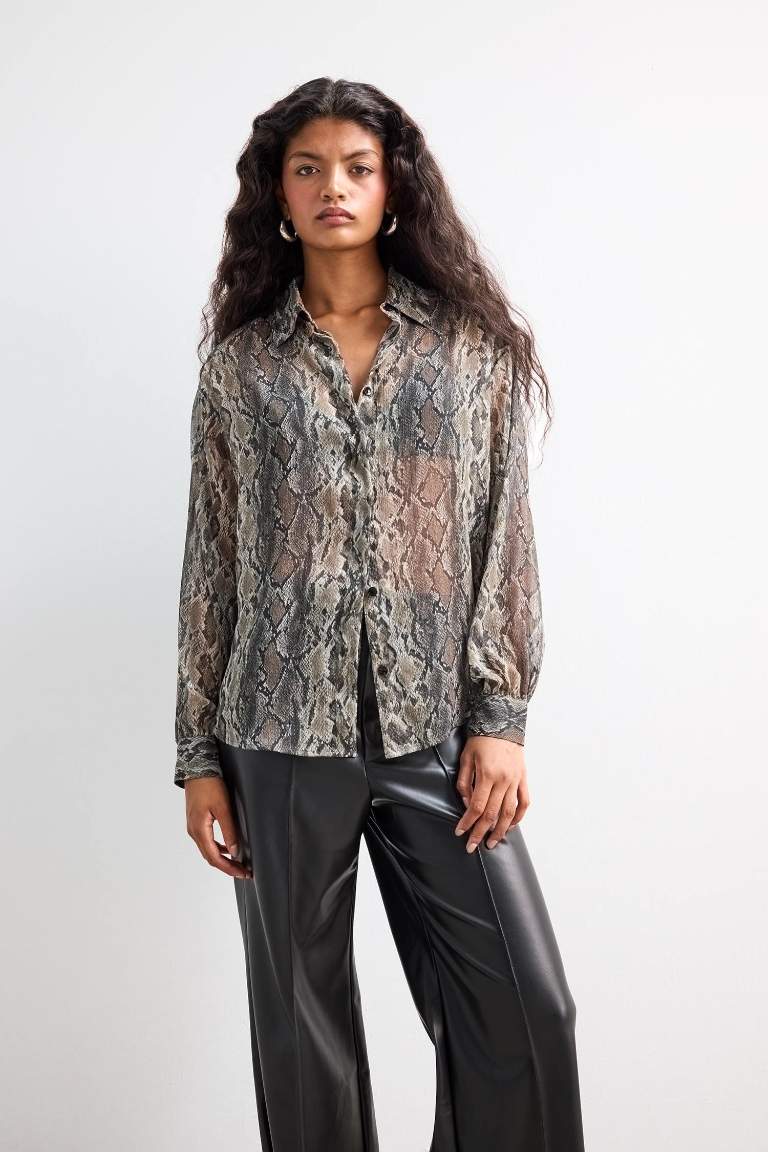 Regular Fit Shirt Collar Chiffon Animal Long Sleeve Shirt