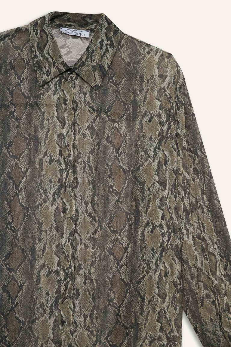 Regular Fit Shirt Collar Chiffon Animal Long Sleeve Shirt