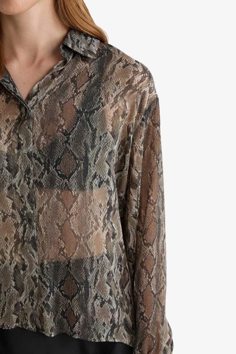 Regular Fit Yılan Derisi Desenli Şifon Uzun Kollu Gömlek