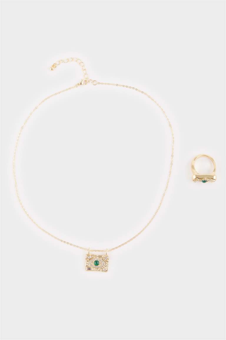 Kadın Çelik Gold Kolye-Yüzük Set