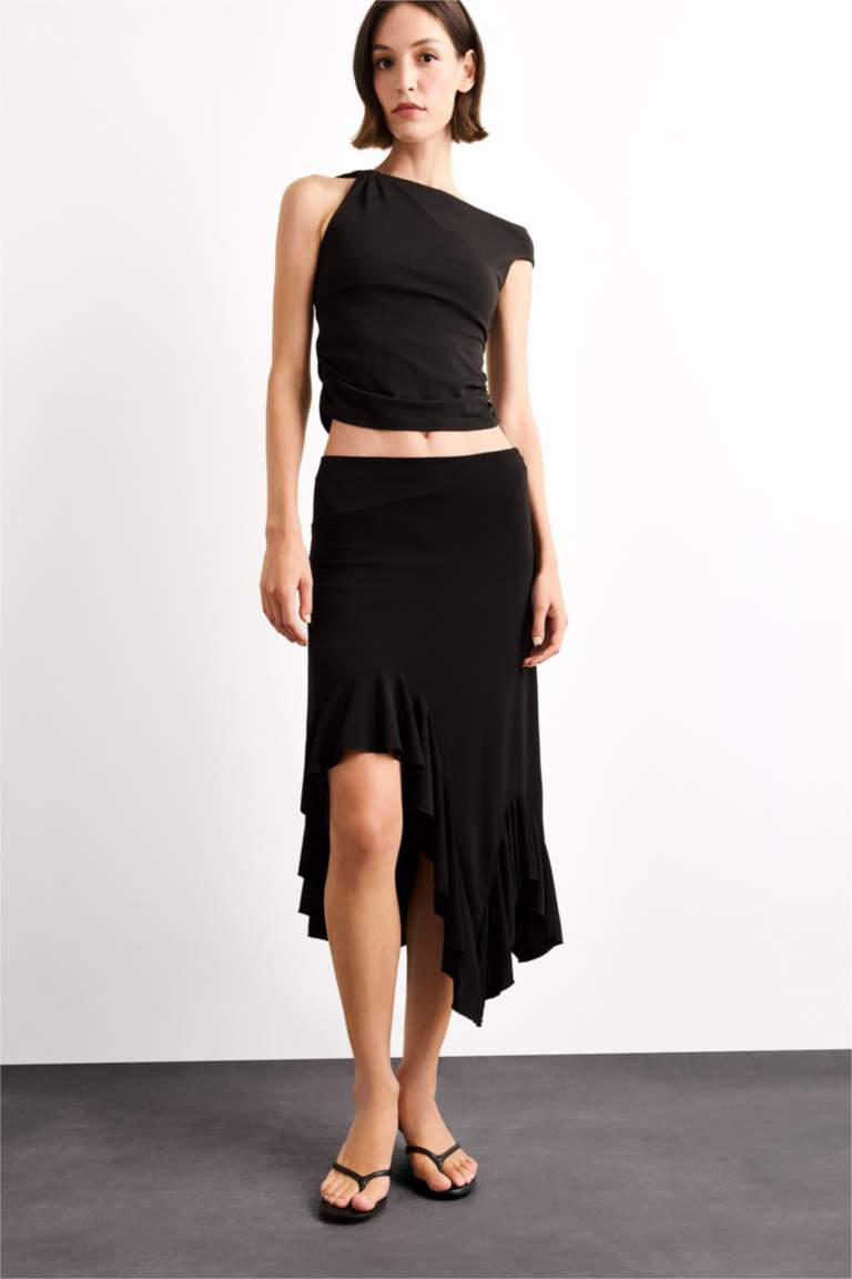 Beli Lastikli Asimetrik Midi Etek