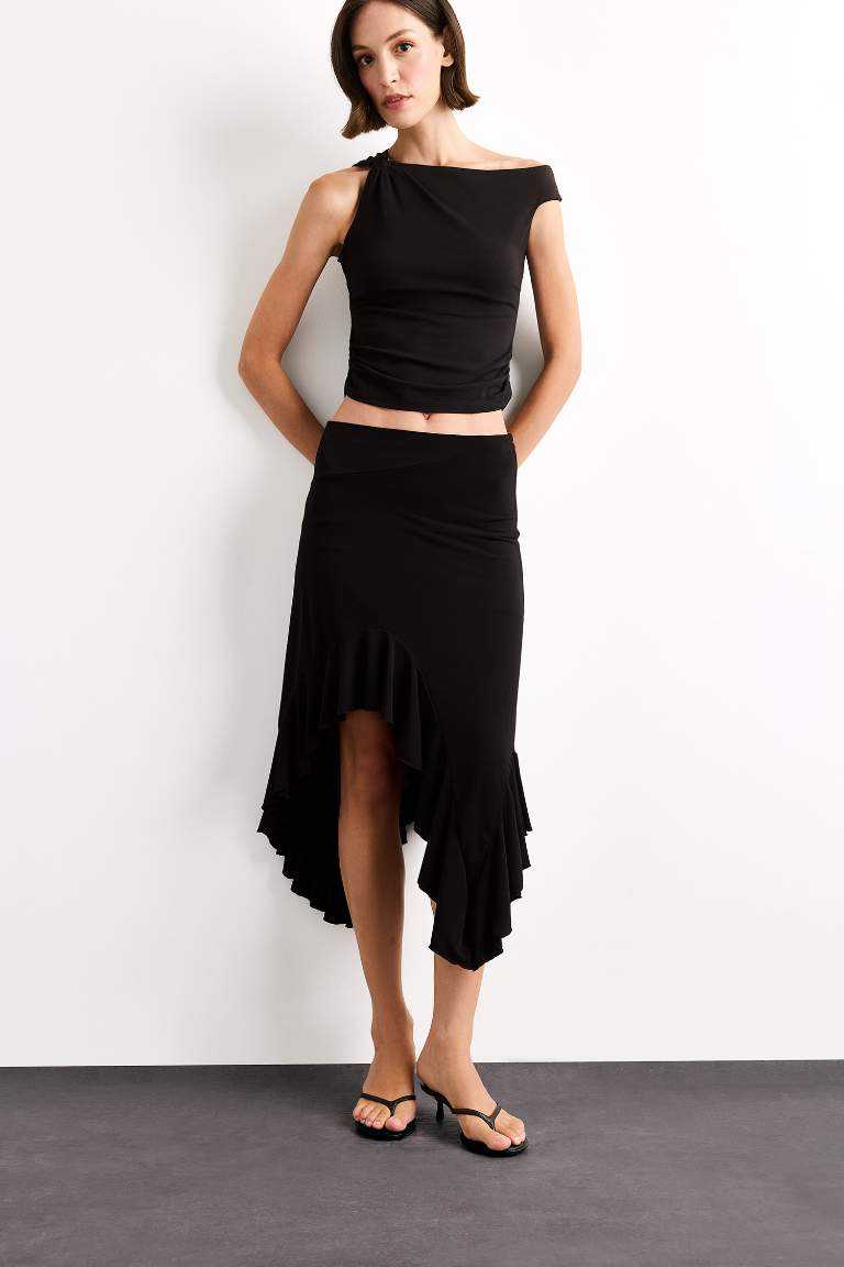 Beli Lastikli Asimetrik Midi Etek