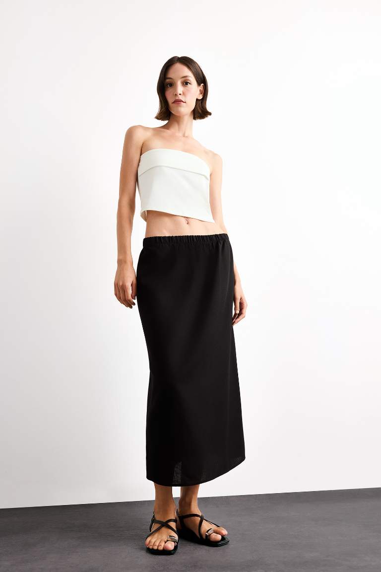 Relax Fit Beli Lastikli Dokuma Midi Etek