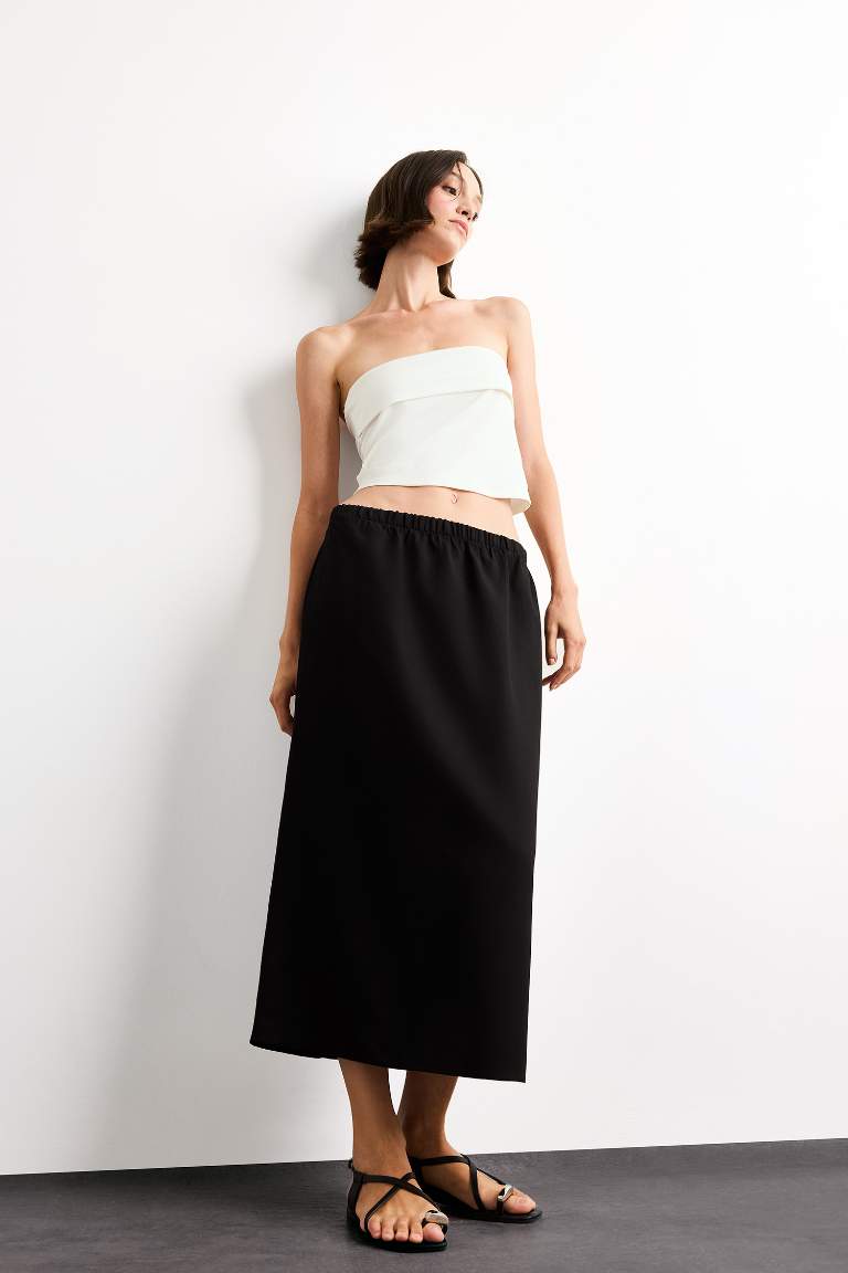 Relax Fit Beli Lastikli Dokuma Midi Etek