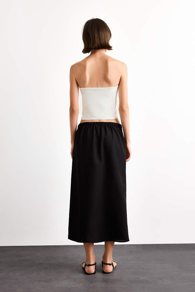 Relax Fit Beli Lastikli Dokuma Midi Etek