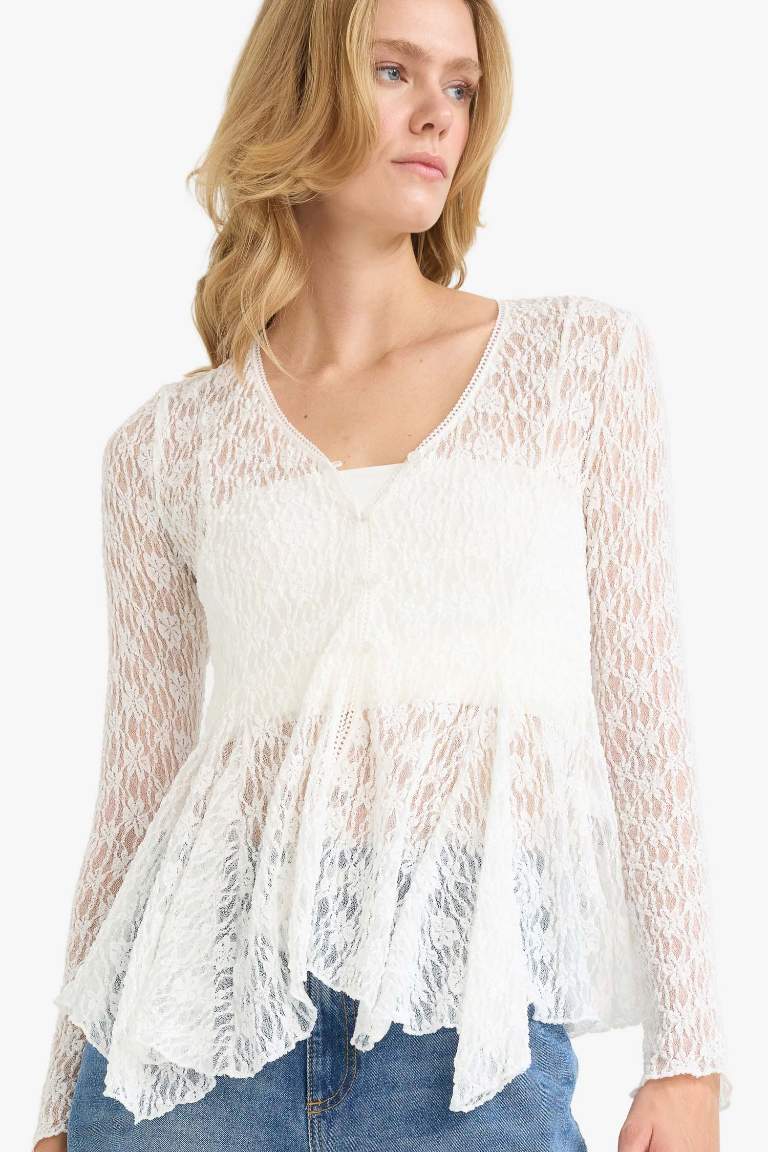 Slim Fit V-Neck Long Sleeve Blouse