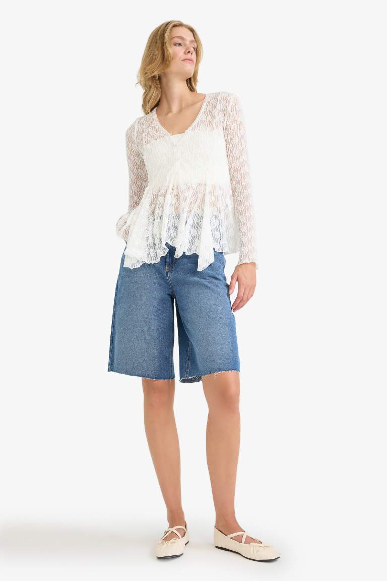 Slim Fit V-Neck Long Sleeve Blouse