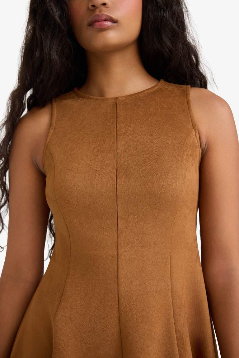 A Cut Crew Neck Suede Dress
