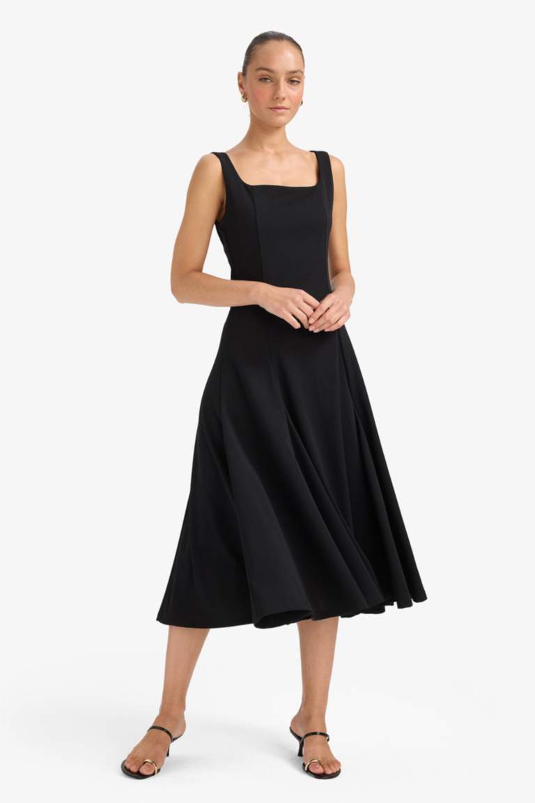 A-Line Square Neck Crepe Midi Dress