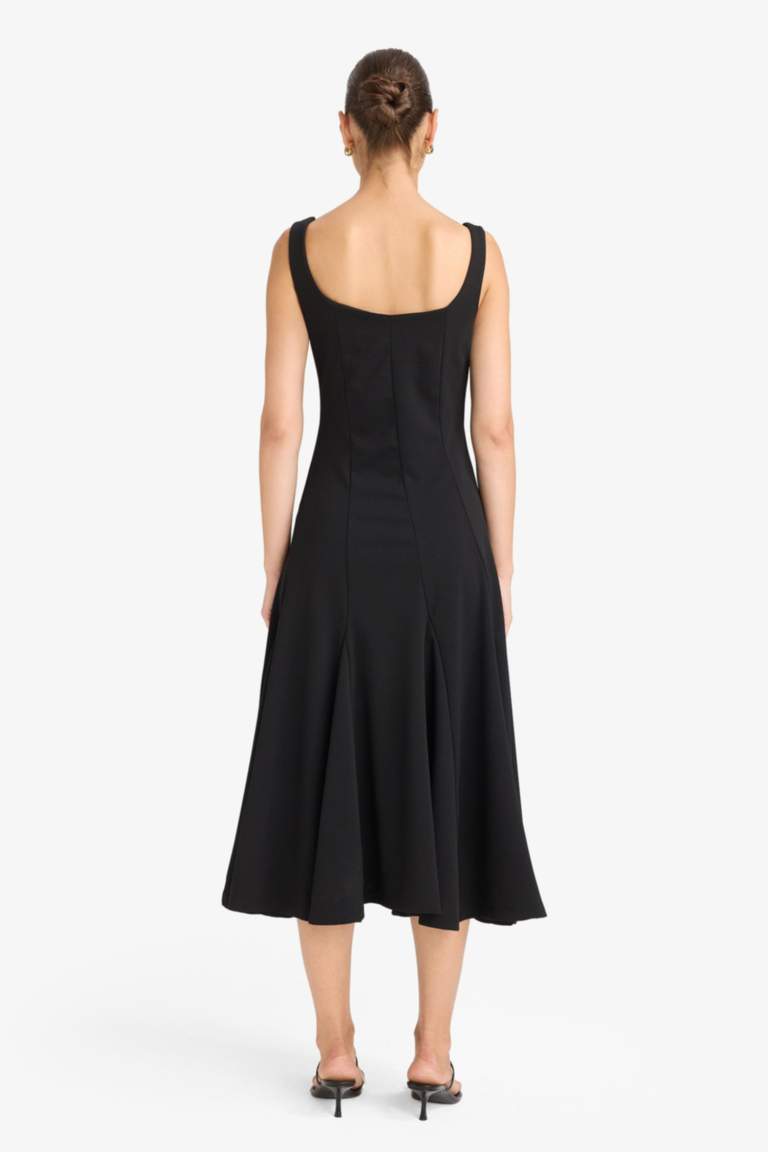 A-Line Square Neck Crepe Midi Dress