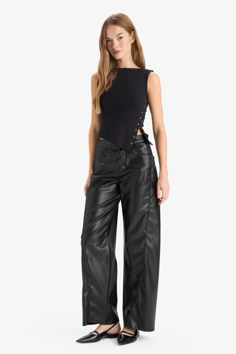Брюки Wide Leg с молнией, стандартной длины, из искусственной кожи, с нормальной посадкой