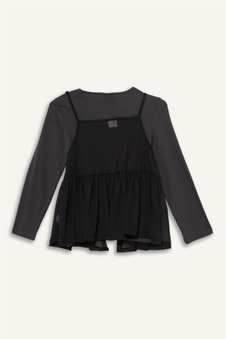 تيشيرت كم طويل بطبعة شعار قصة فضفاضة برقبة مستديرة