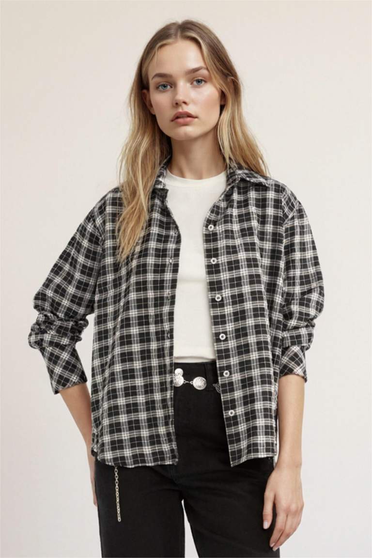 Oversize Fit Shirt Collar Poplin Gingham Long Sleeve Shirt