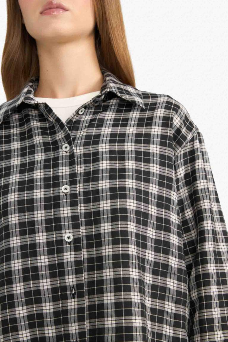 Oversize Fit Shirt Collar Poplin Gingham Long Sleeve Shirt