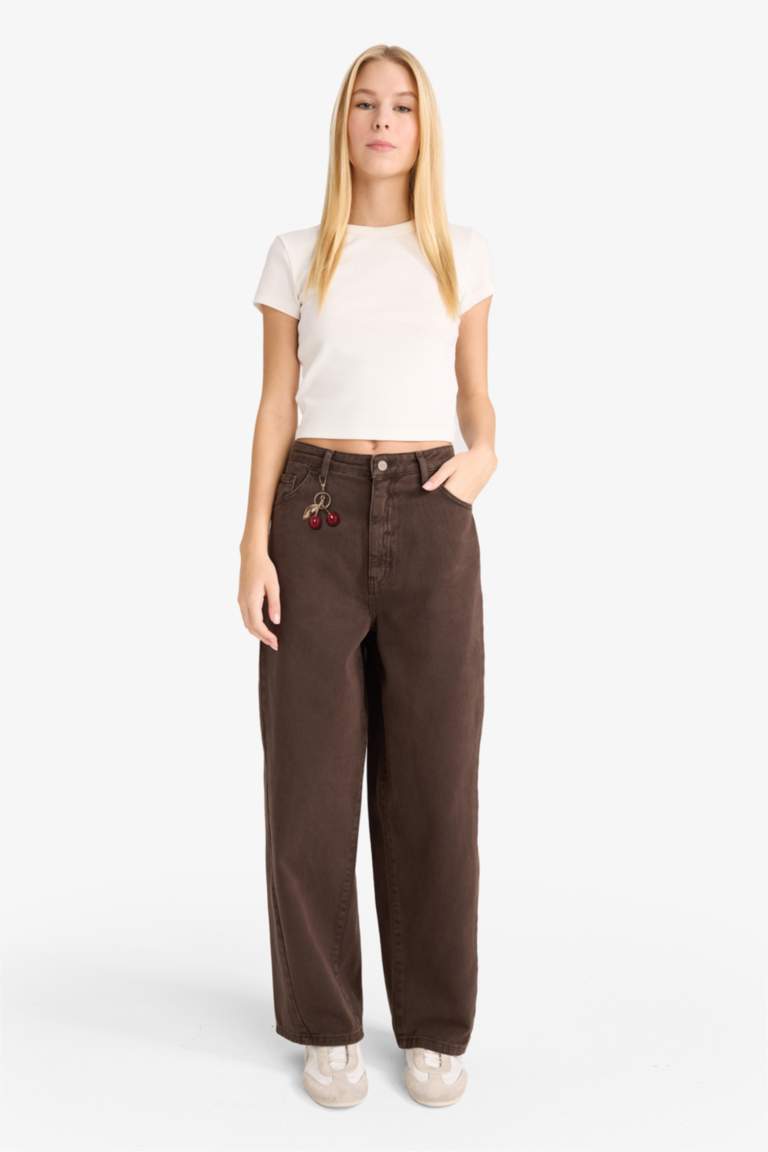 Barrel Fit Regular Waist Cherry Charm Gabardine Trousers