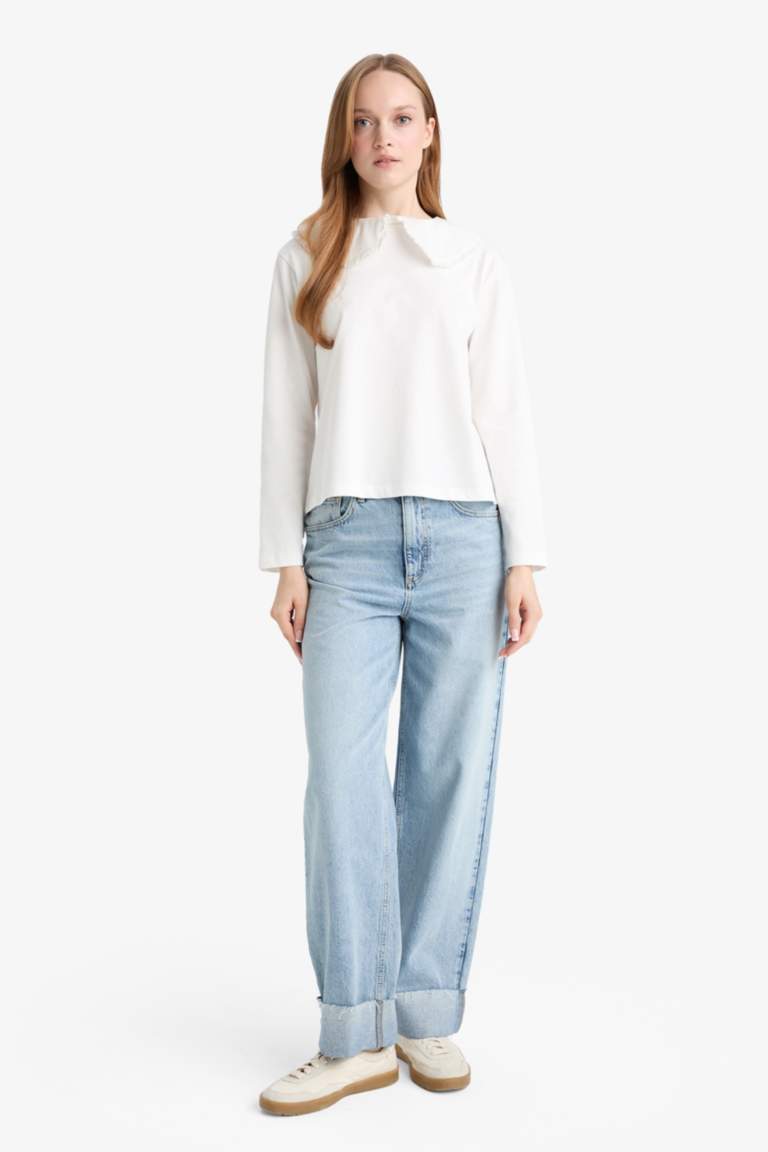 تونيك كم طويل قصة مريحة بياقة مستديرة