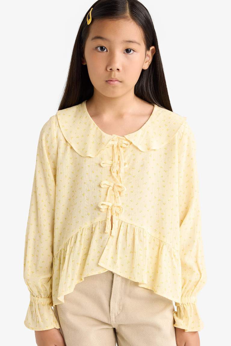 بلوزة بناتي ردن طويل قصة عادية برباط من الأمام