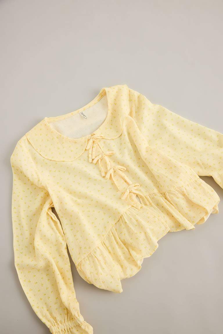 بلوزة بناتي ردن طويل قصة عادية برباط من الأمام