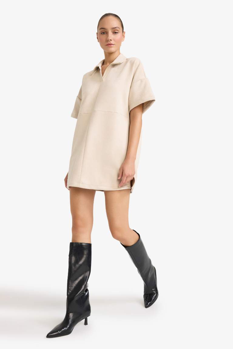 A Cut Polo Collar Suede Dress