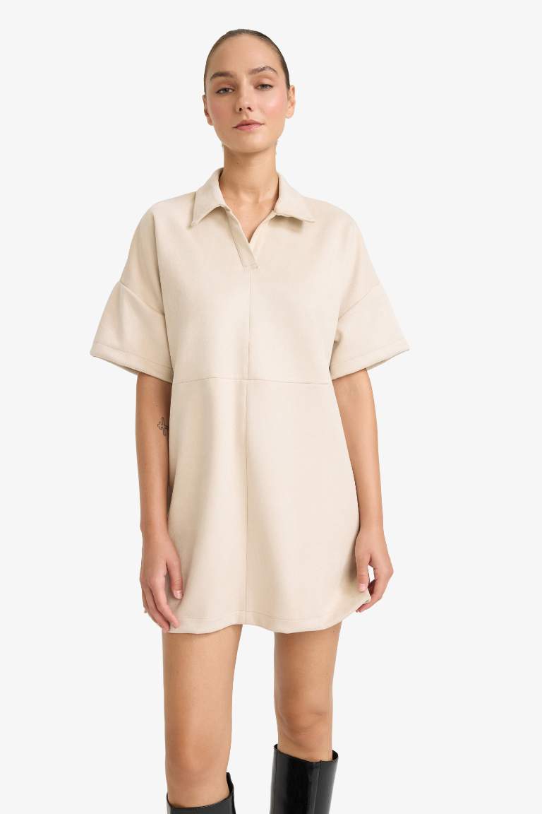 A Cut Polo Collar Suede Dress