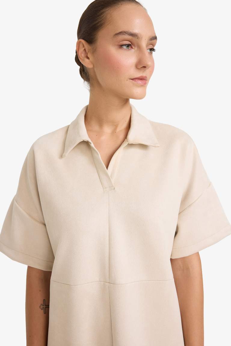 A Cut Polo Collar Suede Dress