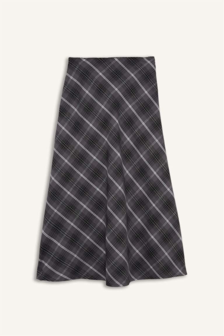 A Cut Plaid Twill Normal Waist Midi Skirt