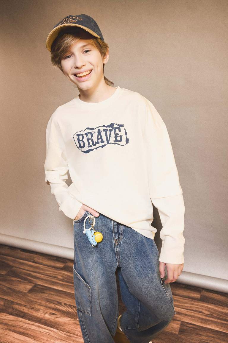 Мужская детская футболка Oversize с круглым вырезом, принтом и длинным рукавом