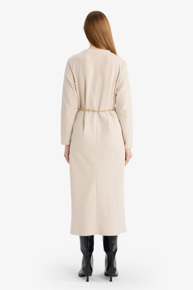 Regular Fit Bisiklet Yaka Uzun Kollu Kemerli Maxi Elbise