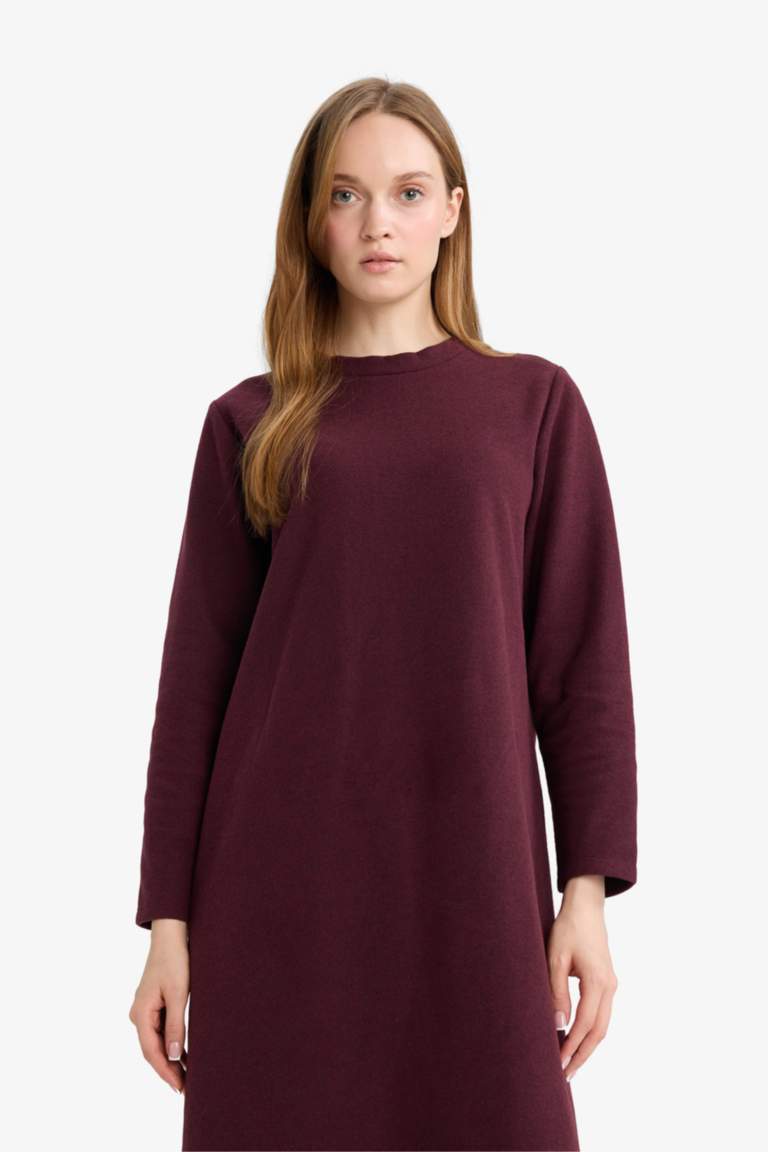 Regular Fit Bisiklet Yaka Uzun Kollu Kemerli Maxi Elbise