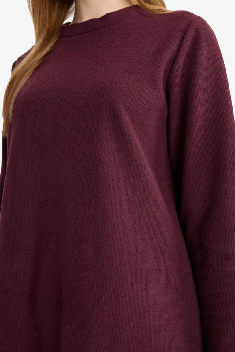 Regular Fit Bisiklet Yaka Uzun Kollu Kemerli Maxi Elbise