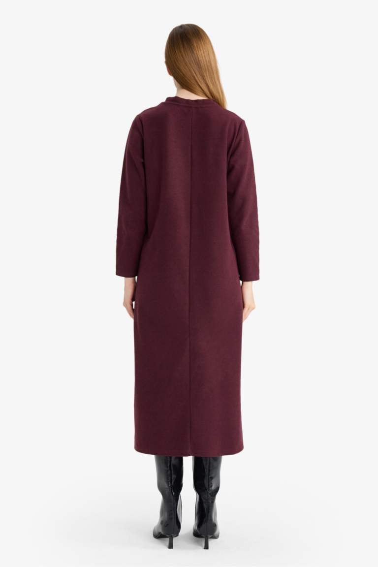 Regular Fit Bisiklet Yaka Uzun Kollu Kemerli Maxi Elbise