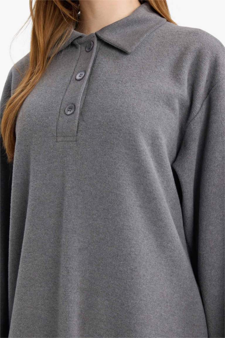 Regular Fit Polo Yaka Uzun Kollu Maxi Elbise 